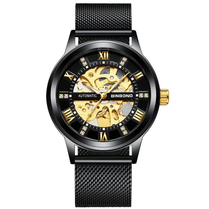 Black BINBOND automatic wristwatch with gold Roman numerals and visible gold gears, black mesh strap