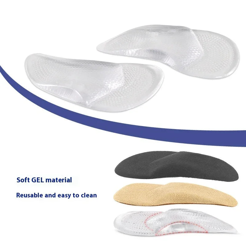 Soft gel heel pads in clear, black, and beige colors, reusable and easy to clean shoe inserts