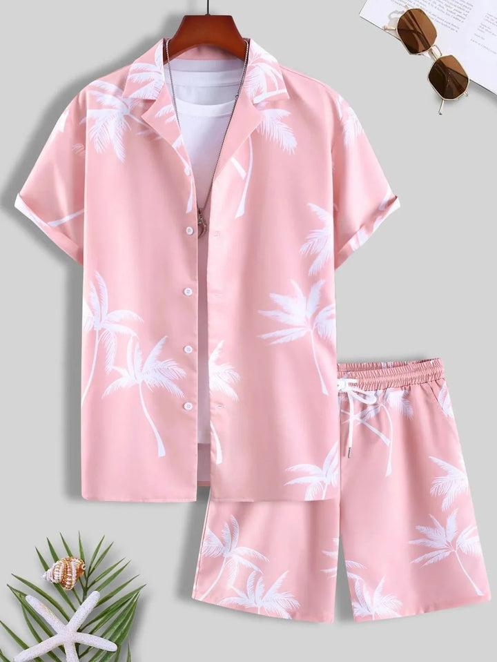 Pink short sleeve button-up shirt and shorts set with white palm tree print, summer beachwear outfit