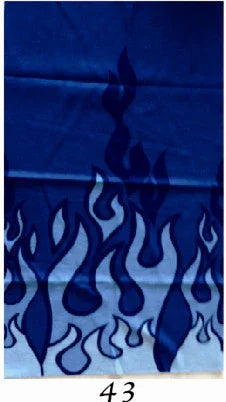 Blue gradient fabric with dark flame patterns, folded and labeled with number 43