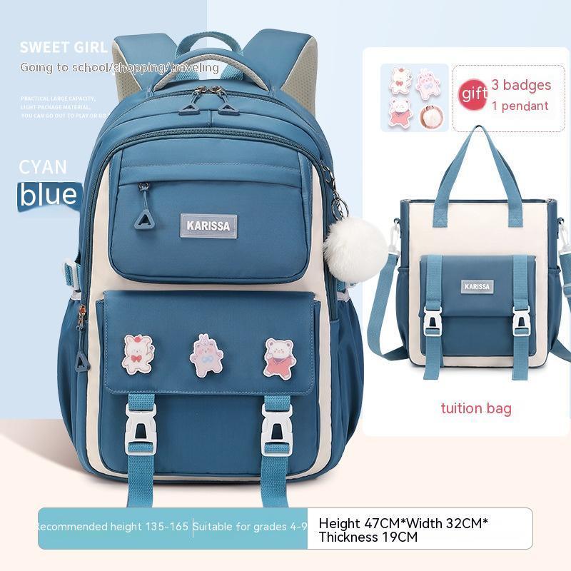 Cyan blue KARISSA backpack and tuition bag set with cute badges and a white pom-pom keychain