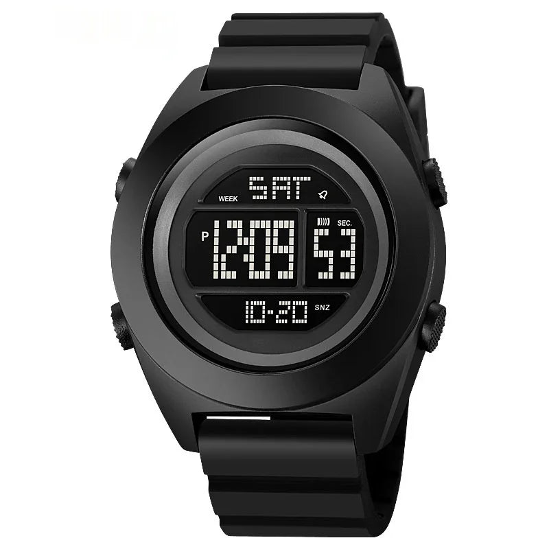 Black digital wristwatch with round face, displaying time, date, and day on LED screen