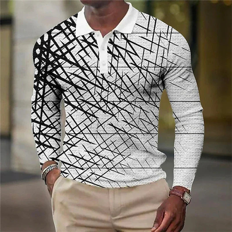 Man wearing white long-sleeve polo shirt with black abstract lines pattern and beige pants