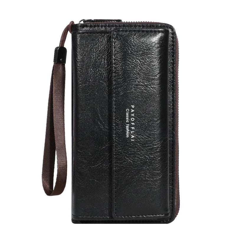 Black leather wallet with wrist strap and zipper, featuring PAYOFFLA classic fashion logo