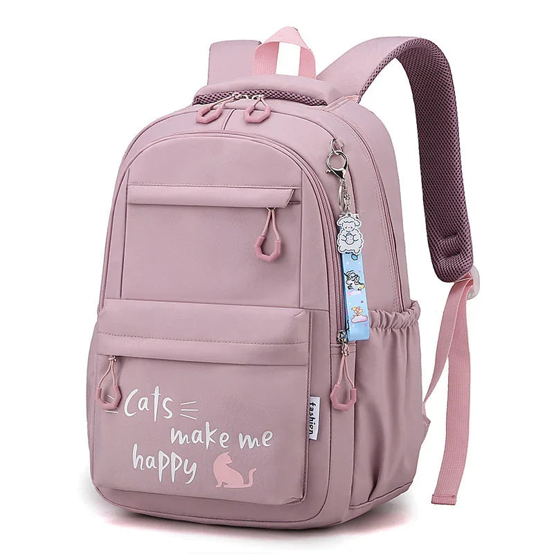 Pink backpack with cat design and text Cats make me happy, with front pockets and side water bottle holder