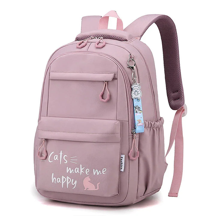 Pink backpack with cat design and text Cats make me happy, with front pockets and side water bottle holder
