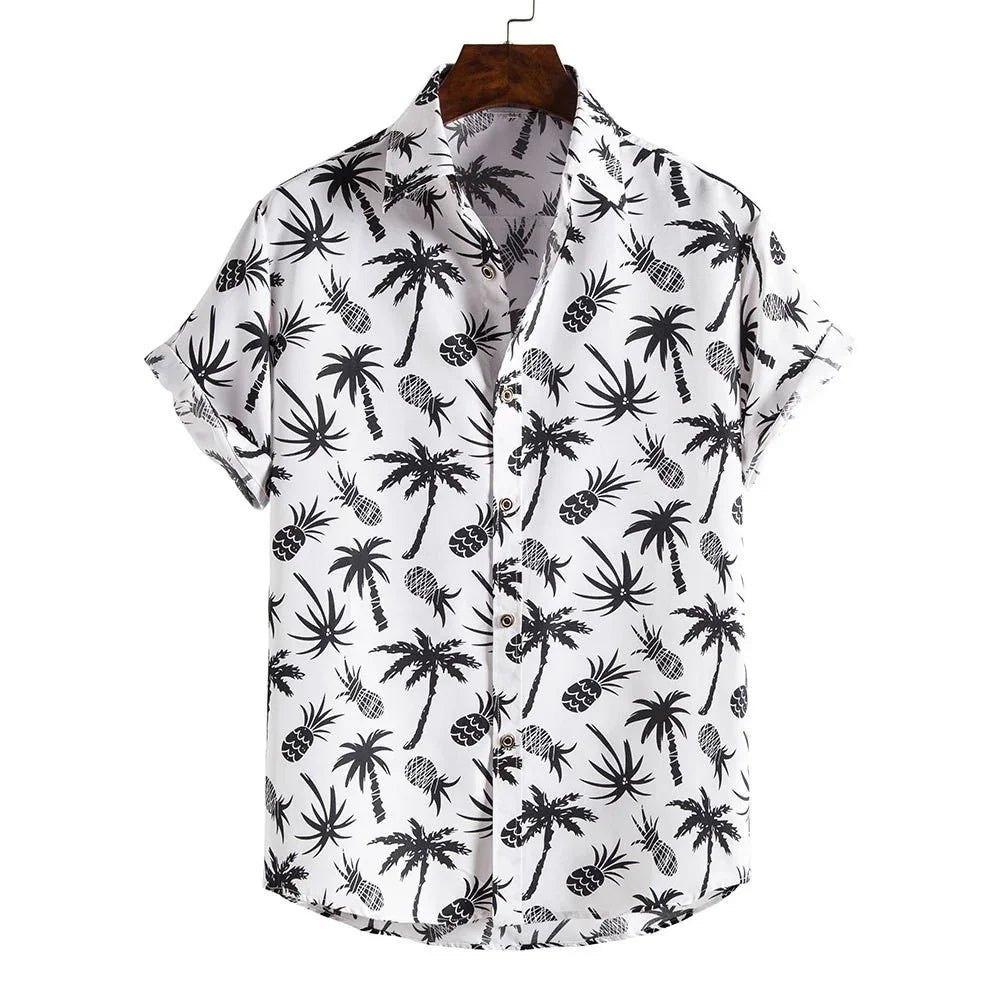 White short-sleeve button-up shirt with black palm tree and pineapple print on wooden hanger