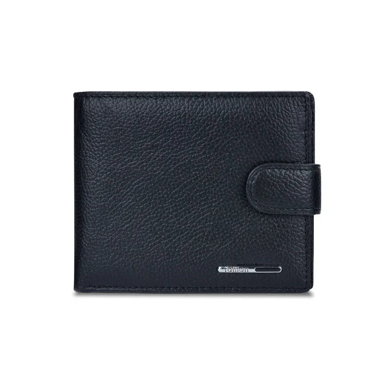 Black textured leather wallet with snap closure and small silver brand logo