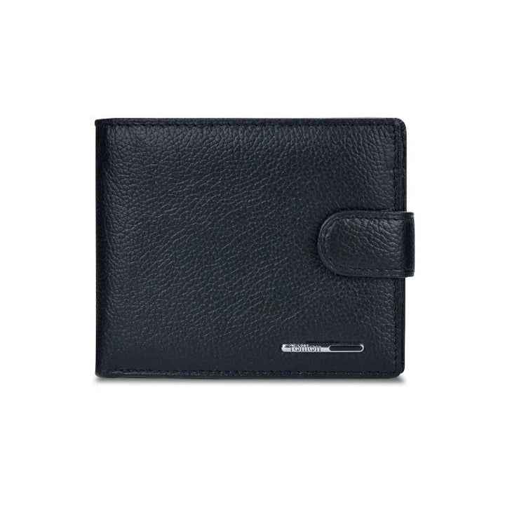 Black textured leather wallet with snap closure and small silver brand logo