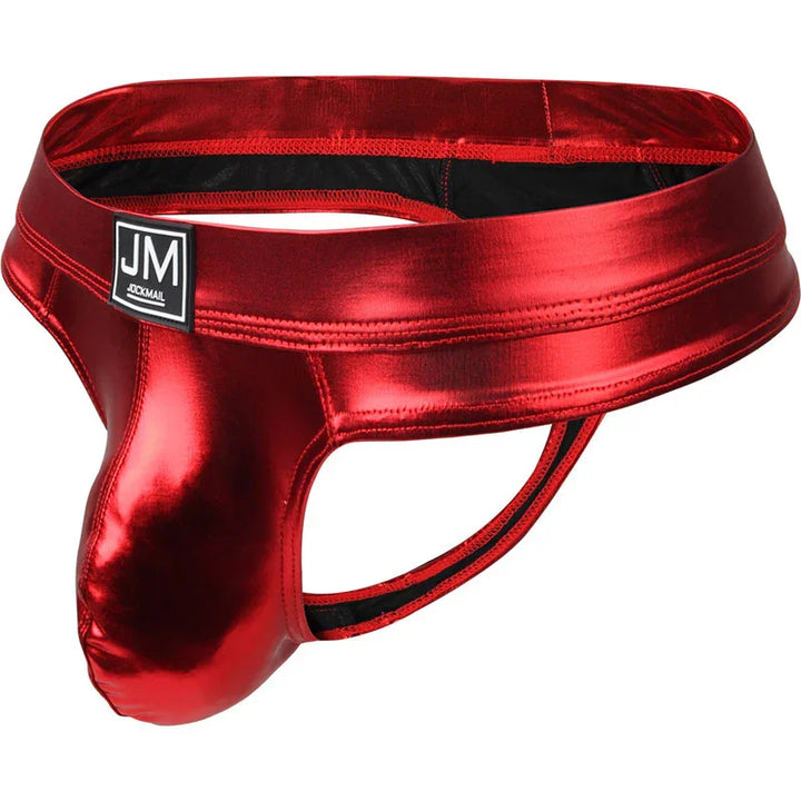 Red metallic men's jockstrap underwear with JM Jockmail logo patch