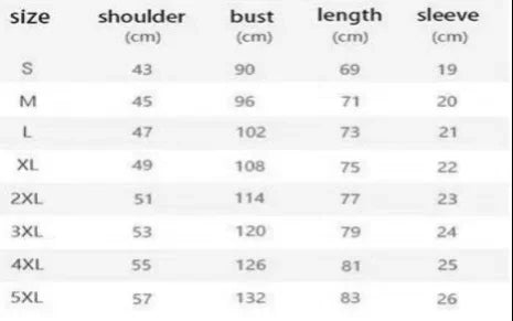 Clothing size chart showing measurements for shoulder, bust, length, and sleeve in cm for sizes S to 5XL