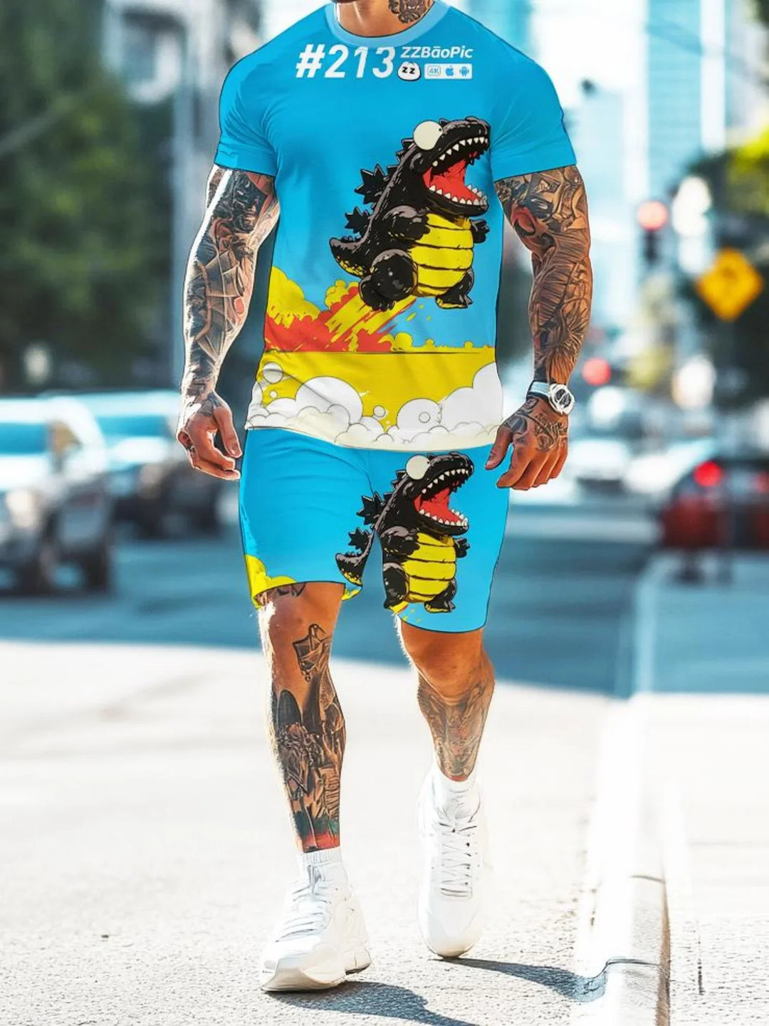 Man wearing a blue cartoon dinosaur print t-shirt and shorts set with white sneakers on a sunny city street