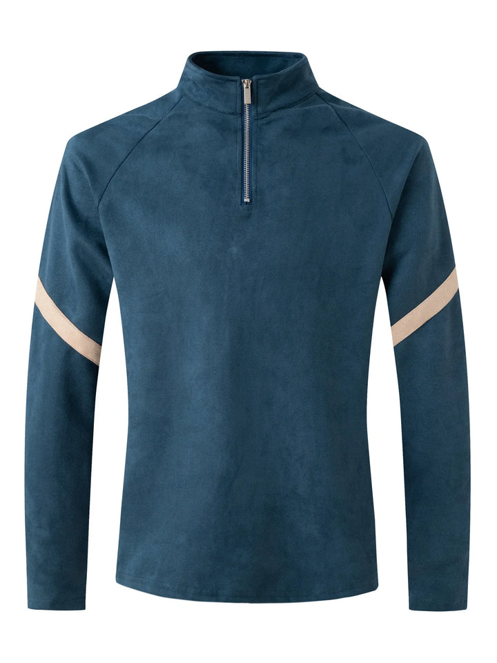 Men's blue fleece pullover with half-zip and beige diagonal arm stripes