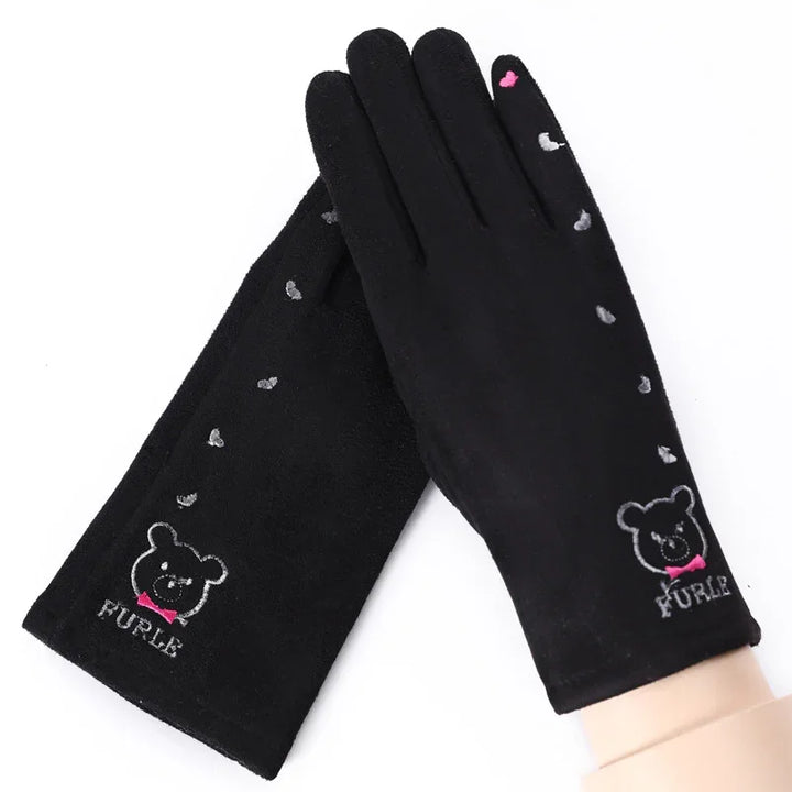 Black Furle gloves with embroidered bear and small hearts, soft winter accessory