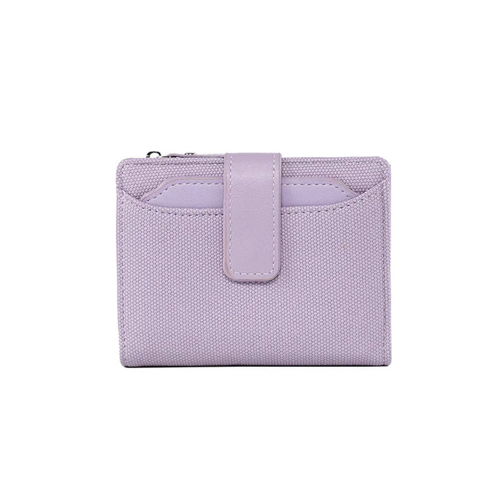 Lavender fabric wallet with front card pocket and leather snap closure
