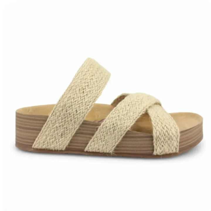 Beige woven fabric slide sandal with thick wooden platform sole