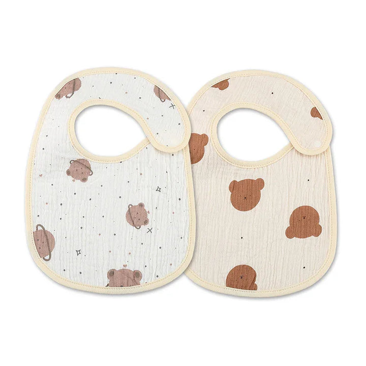 Set of two soft cotton baby bibs with brown bear and polka dot patterns on white and beige backgrounds
