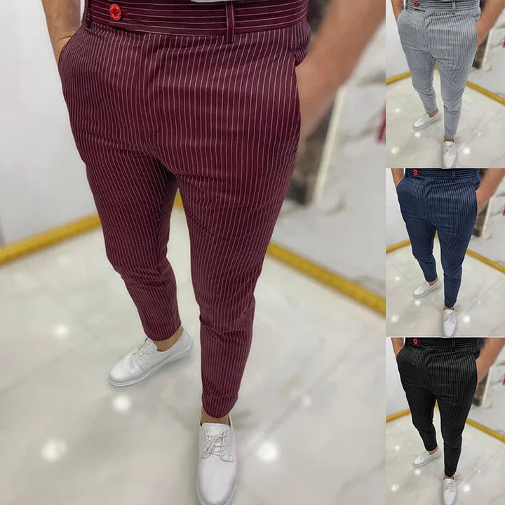 Men's slim fit pinstripe pants in burgundy, gray, navy blue, and black colors paired with white shoes