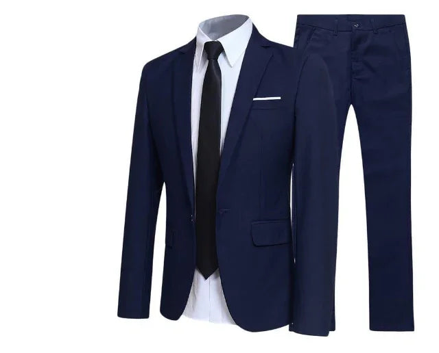 men's navy blue suit with white dress shirt and black tie, including blazer and pants