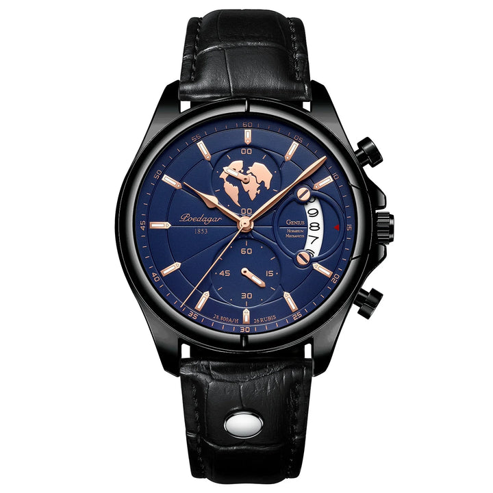 Black leather strap wristwatch with blue dial, rose gold hands, world map design and date display