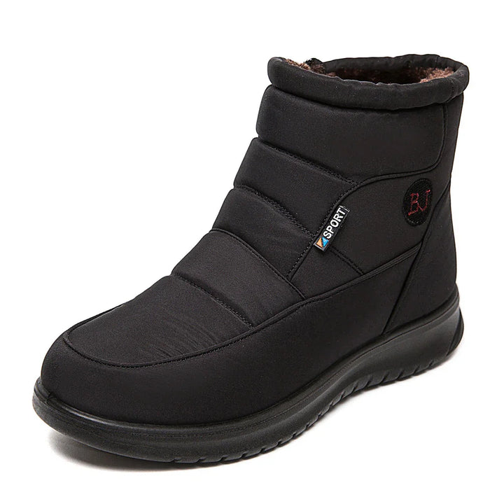 Black insulated winter boot with padded upper, fur lining, and rubber sole for cold weather