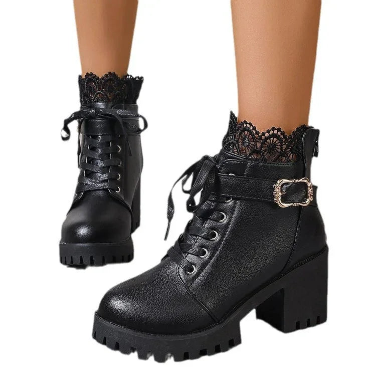Black lace-trimmed ankle boots with chunky heels, lace-up front, and decorative buckle strap