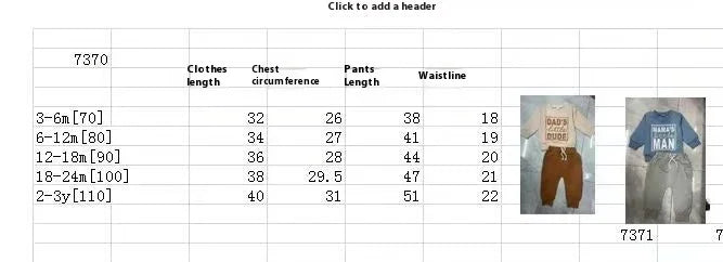 Baby clothing size chart with measurements and images of two baby outfits with text designs