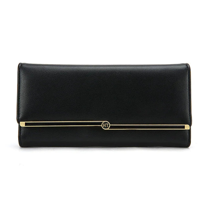 Black leather clutch wallet with gold bar detail and HT logo on front
