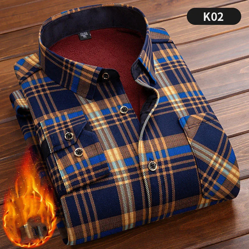 Folded navy blue and brown plaid flannel shirt with warm fleece lining, size XL, labeled K02