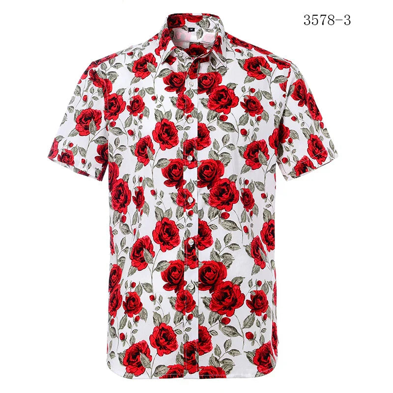 Men's short-sleeve white shirt with vibrant red rose floral pattern and green leaves
