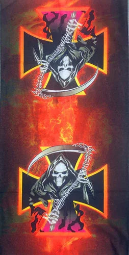 Graphic design of two Grim Reapers holding scythes over fiery background with black and orange cross shapes