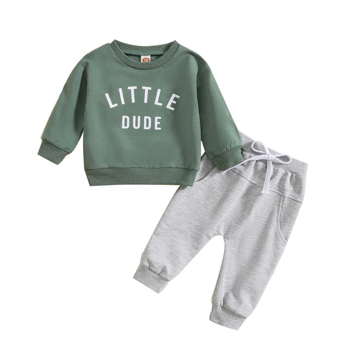 Green toddler sweatshirt with 'Little Dude' text and grey elastic waist sweatpants with drawstring