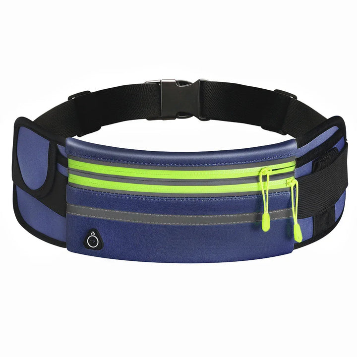 Blue sports running waist belt with neon yellow zipper and adjustable black strap