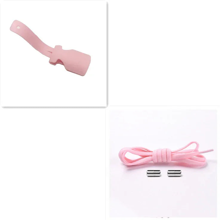 Pink silicone shoe accessory, pink lace, and two silver aglets on white background