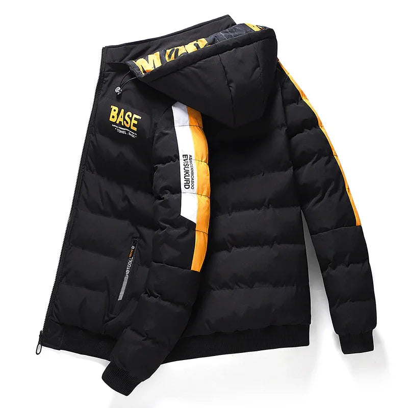 Black puffer jacket with yellow and white stripes, hood, and text details on chest and sleeve