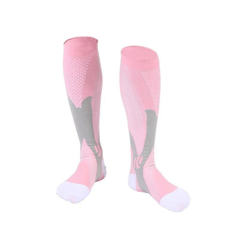 Pair of pink and gray compression knee-high socks with white toes on white background