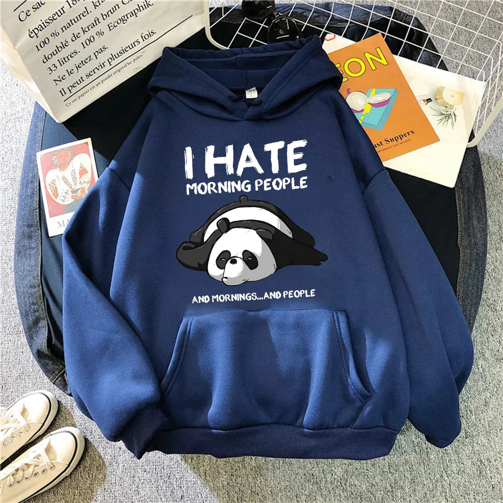 Navy blue hoodie with a cartoon panda and text reading 'I HATE MORNING PEOPLE and mornings... and people'