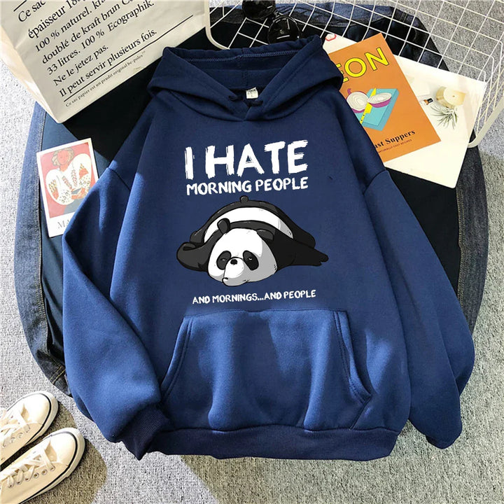 Navy blue hoodie with a cartoon panda and text reading 'I HATE MORNING PEOPLE and mornings... and people'