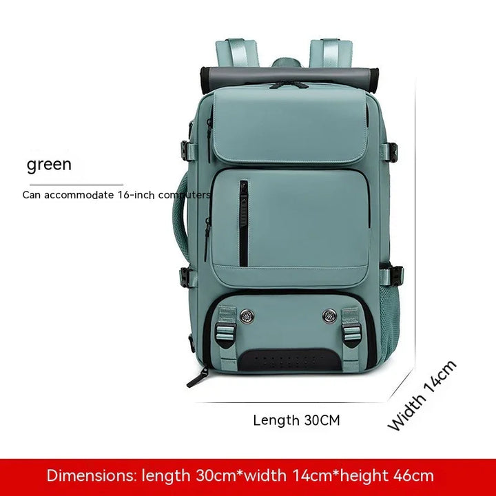Green backpack for 16-inch laptops, rectangular shape, 30x14x46cm dimensions