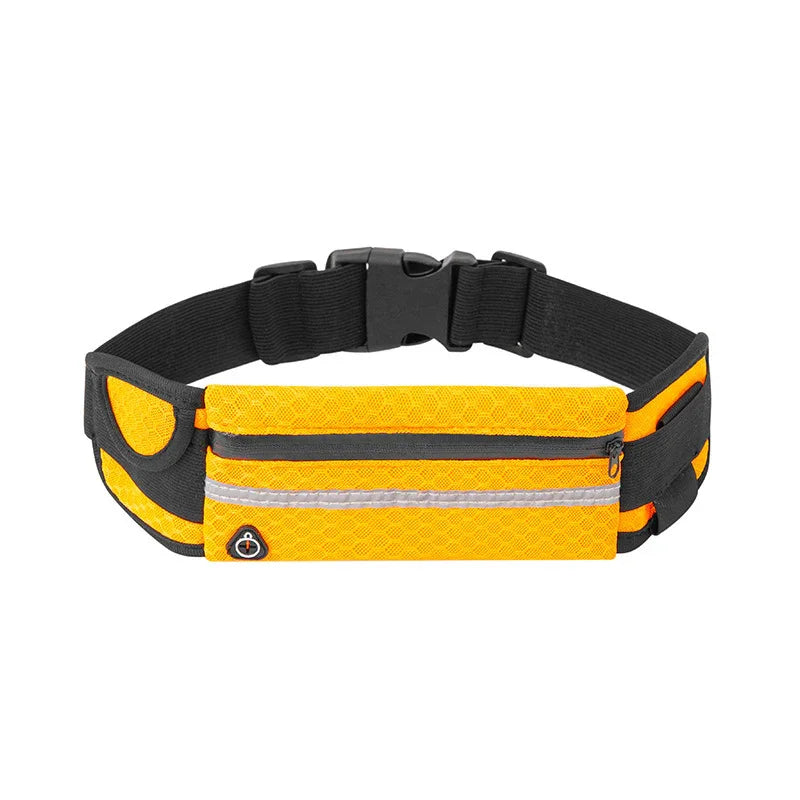 Yellow and black adjustable running belt with zippered pocket and reflective strip