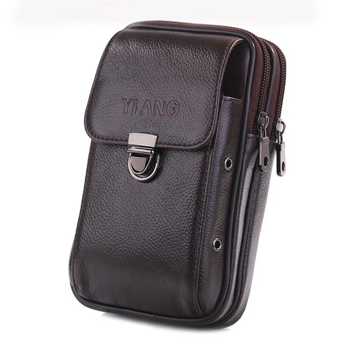 Compact black leather men's waist bag with flap buckle and dual zip compartments
