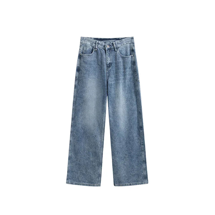 Wide-leg blue denim jeans with faded wash and classic five-pocket design
