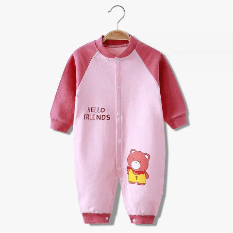 Pink baby romper with red sleeves featuring 'HELLO FRIENDS' text and a teddy bear print