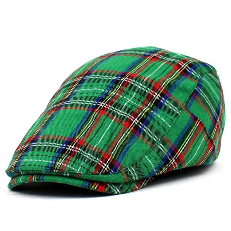 Green tartan plaid flat cap with red, blue, white, and yellow lines pattern