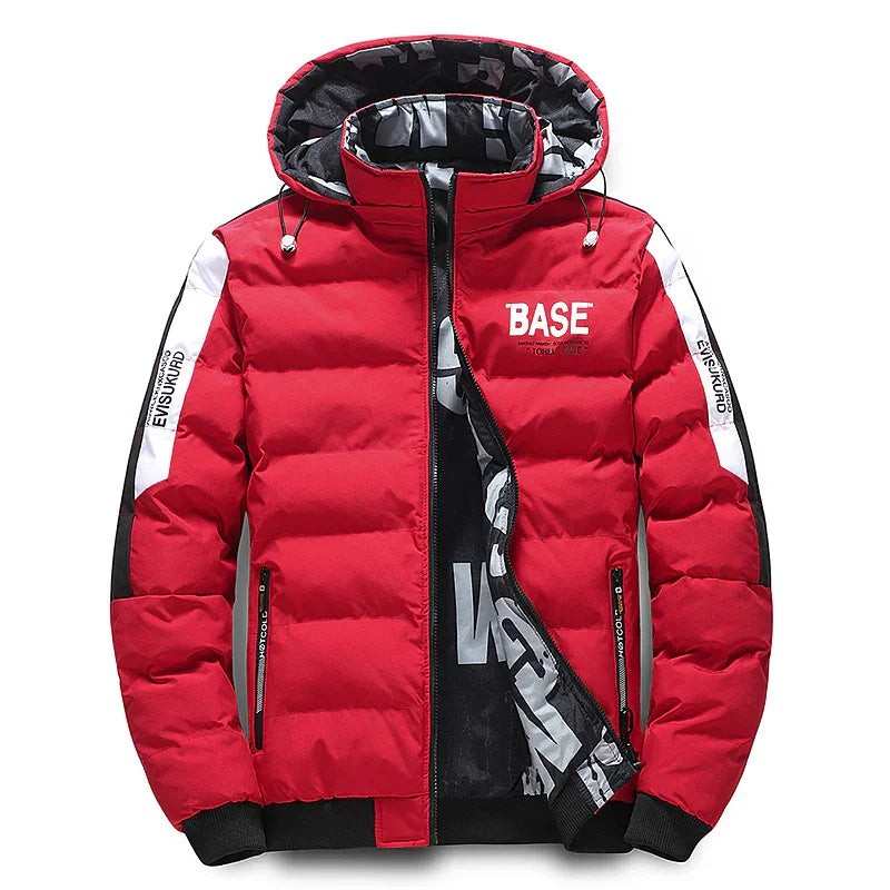 Red padded winter jacket with black and white accents, hood, and zipper pockets