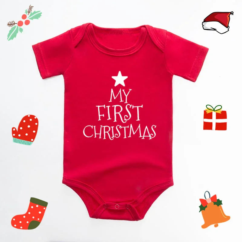 Red baby onesie with white star and text My First Christmas surrounded by Christmas icons