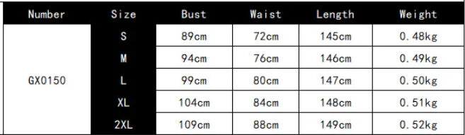 Clothing size chart for GX0150 with bust, waist, length, and weight details for sizes S to 2XL