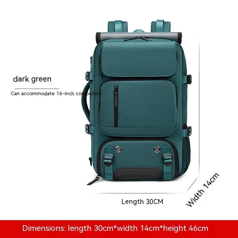 Dark green backpack with multiple pockets, fits 16-inch laptop, 30x14x46cm dimensions