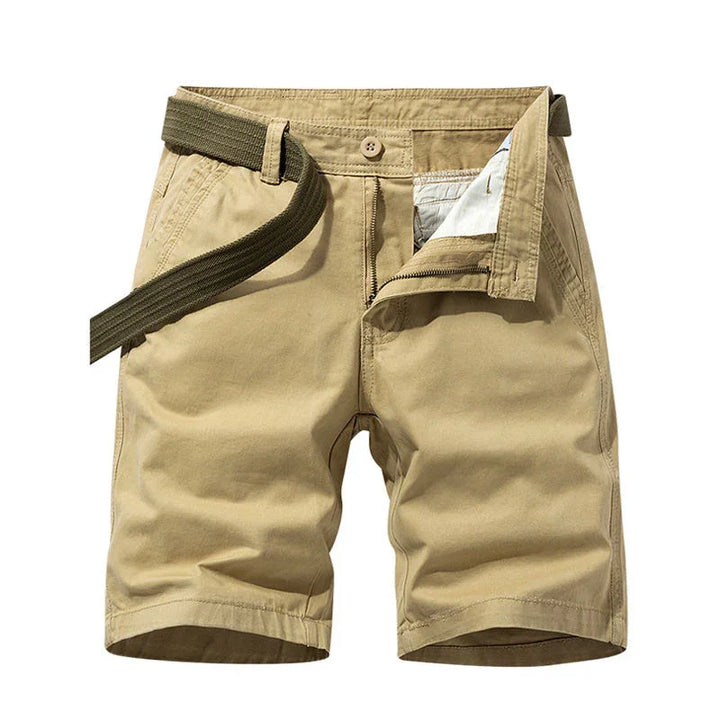 Men's beige casual shorts with zipper fly and green fabric belt
