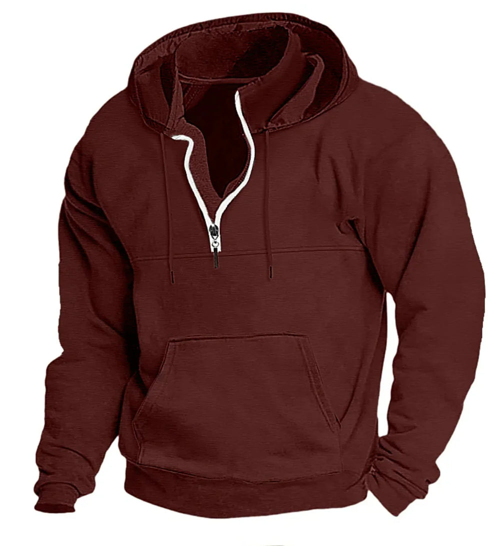 Maroon quarter-zip pullover hoodie with front kangaroo pocket and drawstring hood